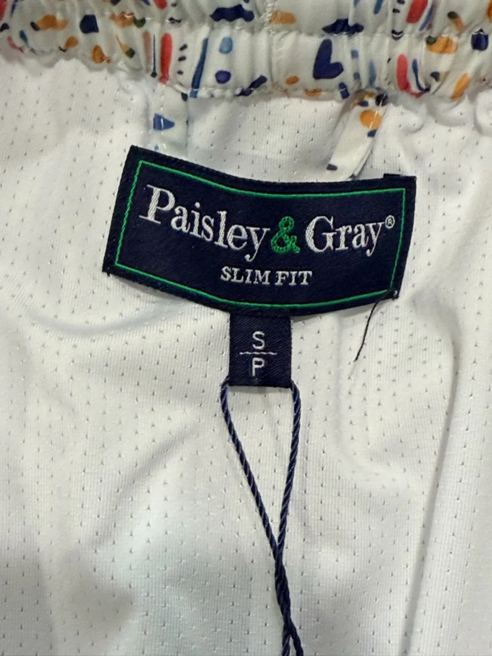 Paisley & Gray Slim Fit 6” White Swim Trunks with Multicolor Tile Print Small